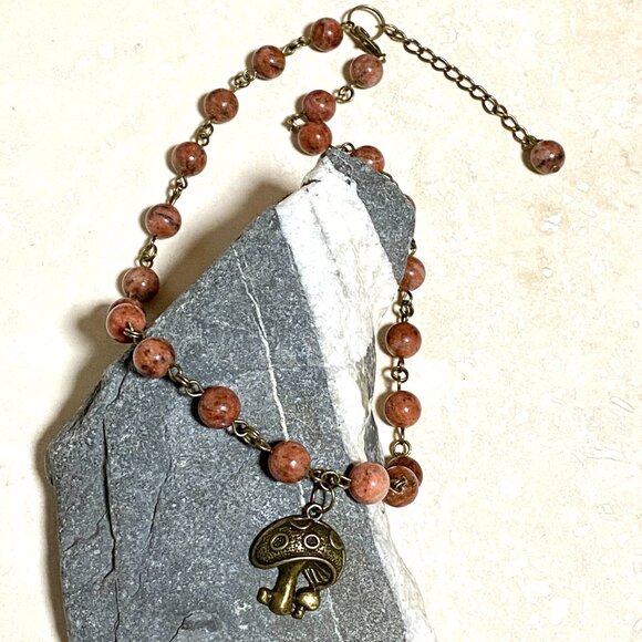 Genuine Red Jasper Short Necklace, Cute Bronze Round Mushroom + Natural Gemstone - Picture 6 of 14